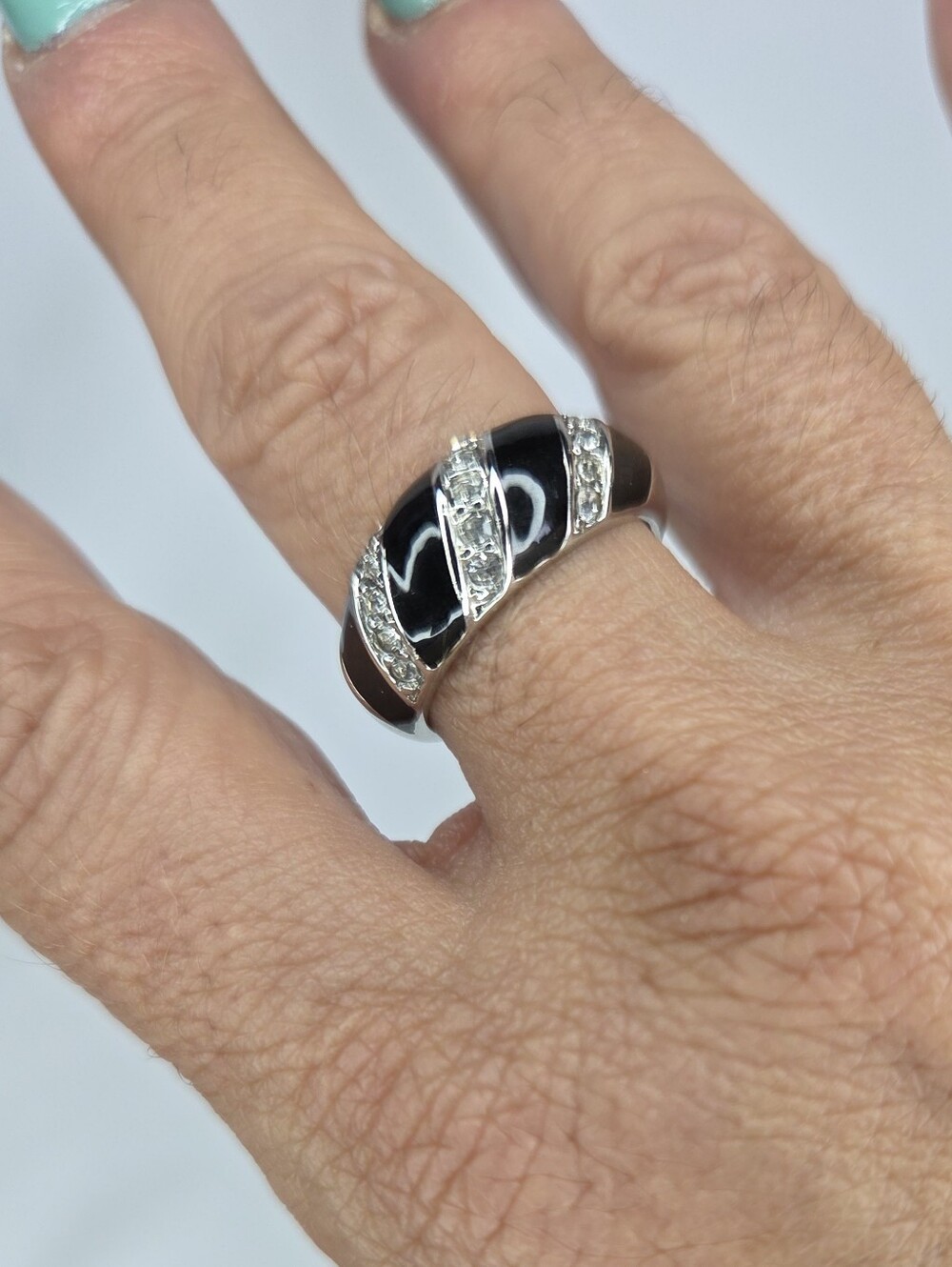 Sterling Silver Black Enamel and Crystal Dome Ring